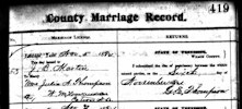 Marriage record for J. B. Martin and Julia Ann Porterfield Thompson